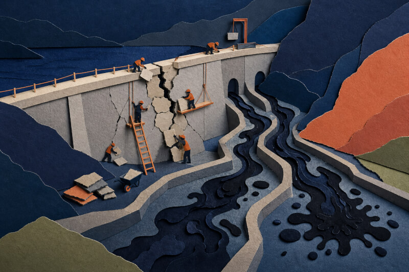 Abstract editorial art of tiny workers repairing a cracked dam as dark ink spreads through channels, showing coordinated effort to stop damage