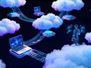 Editorial illustration of business leaders and security analysts reviewing AI-driven data flows, with dashboards highlighting data access, classification, and risk alerts.