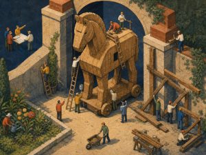 Hand-drawn isometric art of tiny workers inspecting a wooden horse at a company gate, with managers reinforcing beams around the entrance