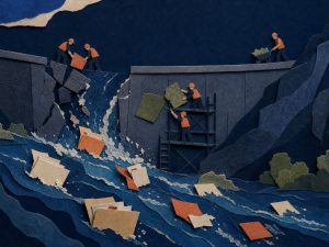 Abstract editorial art of tiny workers repairing a breached dam as water carries paper files away, symbolizing stolen data and urgent containment