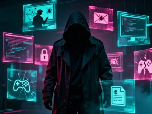 An editorial-style illustration of a corporate network operations center monitoring a surge in malicious traffic while business teams manage service disruption.